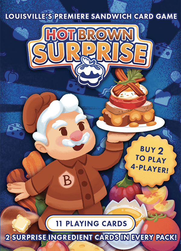 Cover of party game Hot Brown Surprise, featuring a cartoon man serving up a sandwich, developed by Brieger Creative and published by Solis Game Studio