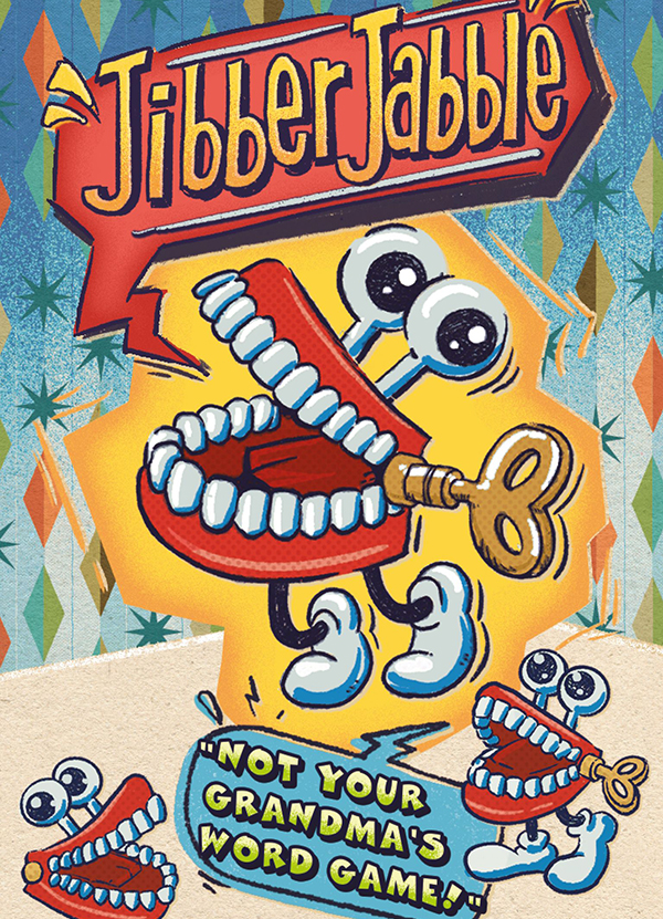 Cover of word game Jibber Jabble, featuring a cartoon set of dentures saying Not Your Mother's Word Game, developed by Brieger Creative